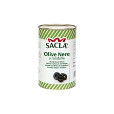 Olives black, sliced, Hojiblanca, saltwater, 380/440, 3*4.2kg (d.w. 2kg), Sacla