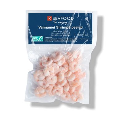 Shrimps, peeled, cooked,  ASC, 100/200, Vannamei, frozen, vac., 20*(n.w. 160g), RSeafood, PPAC