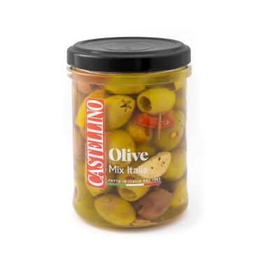 Olives green and black pitted, Leccino, Mix Italia, in oil, 301/350, 6*180g, Castellino