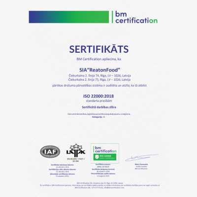 Reaton Food ISO 22000 sertifikāts